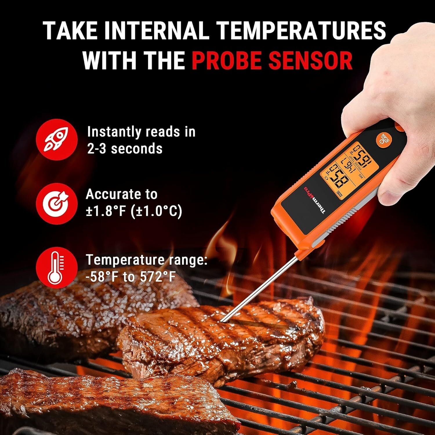 Fast & Accurate 2-in-1 IR Cooking Thermometer with Meat Probe - 572°F Max