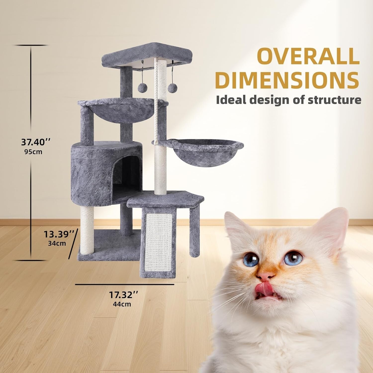 Stylish Grey Three-Level Cat Tree with Two Relaxing Hammocks & Condo Space