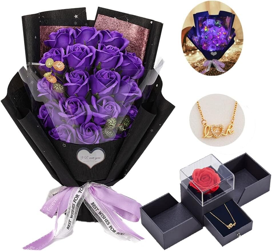 Artificial Purple Roses with Gift Box & Necklace - Perfect Mother's Day Gift