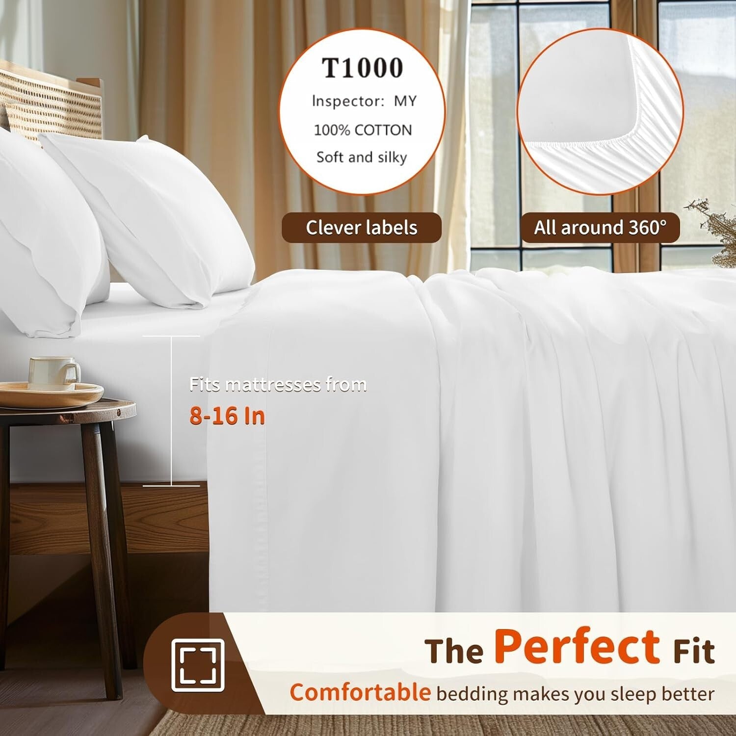 Breathable Queen Bed Sheet Set in 100% Egyptian Cotton - Elegant White Design