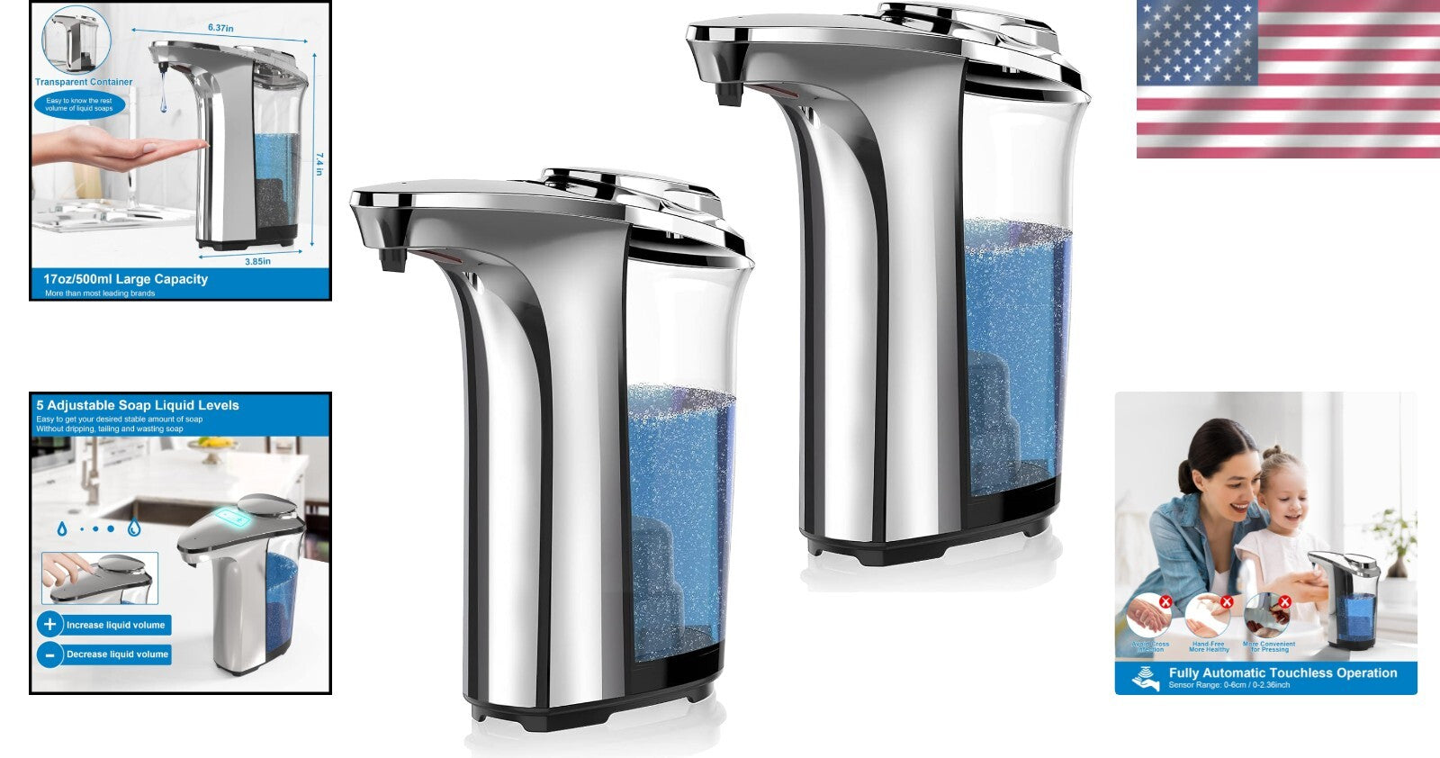 High Capacity Touchless Soap Dispenser with Adjustable Dispensing - 2 Count Set