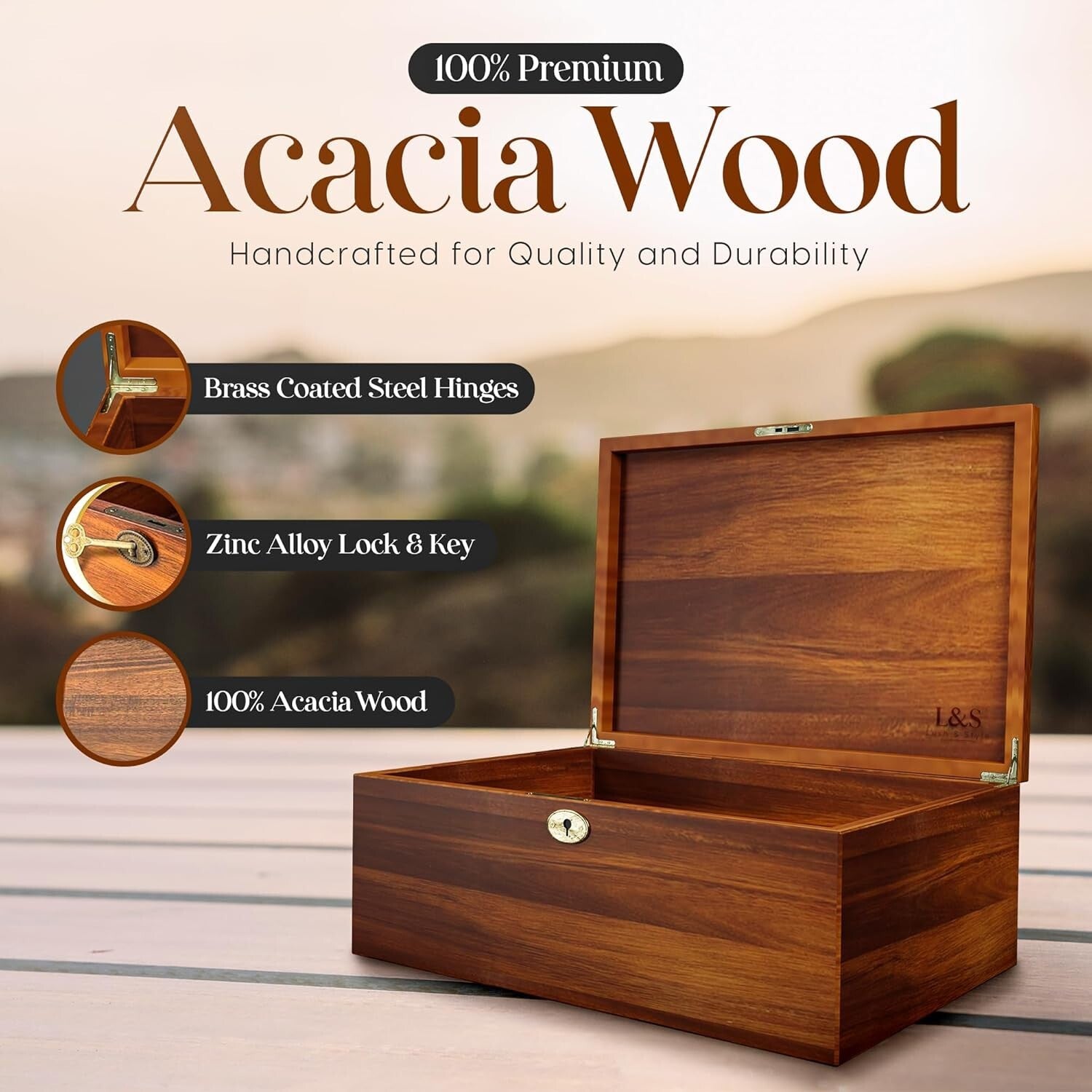 Decorative Lockable Memory Box - Solid Walnut Finish, 6L Storage Volume