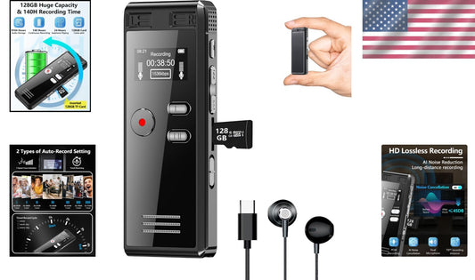 Compact HD Digital Voice Recorder - 128GB, Voice-Activated with 3072kbps Quality