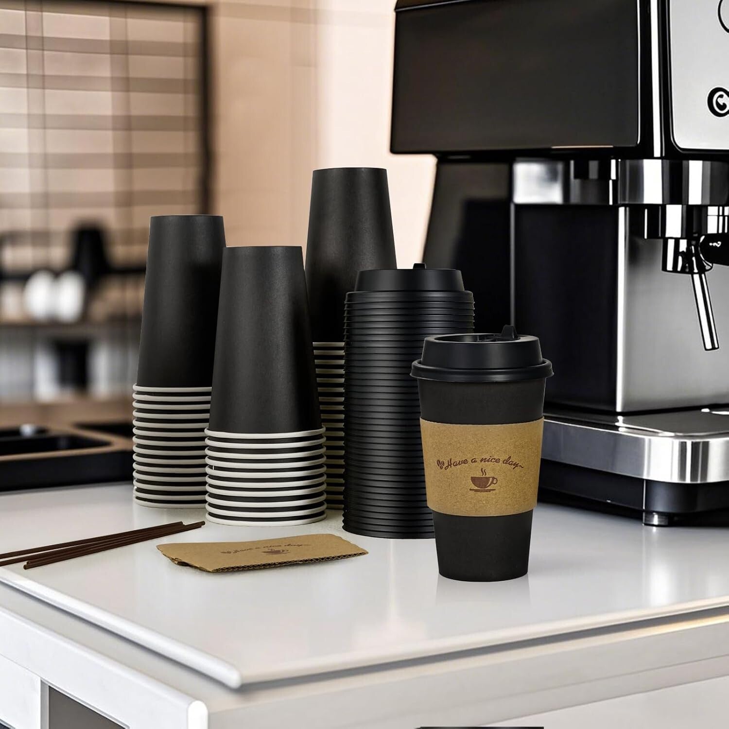 500 Pack 16 oz Black Disposable Coffee Cups with Lids & Sleeves for Convenience