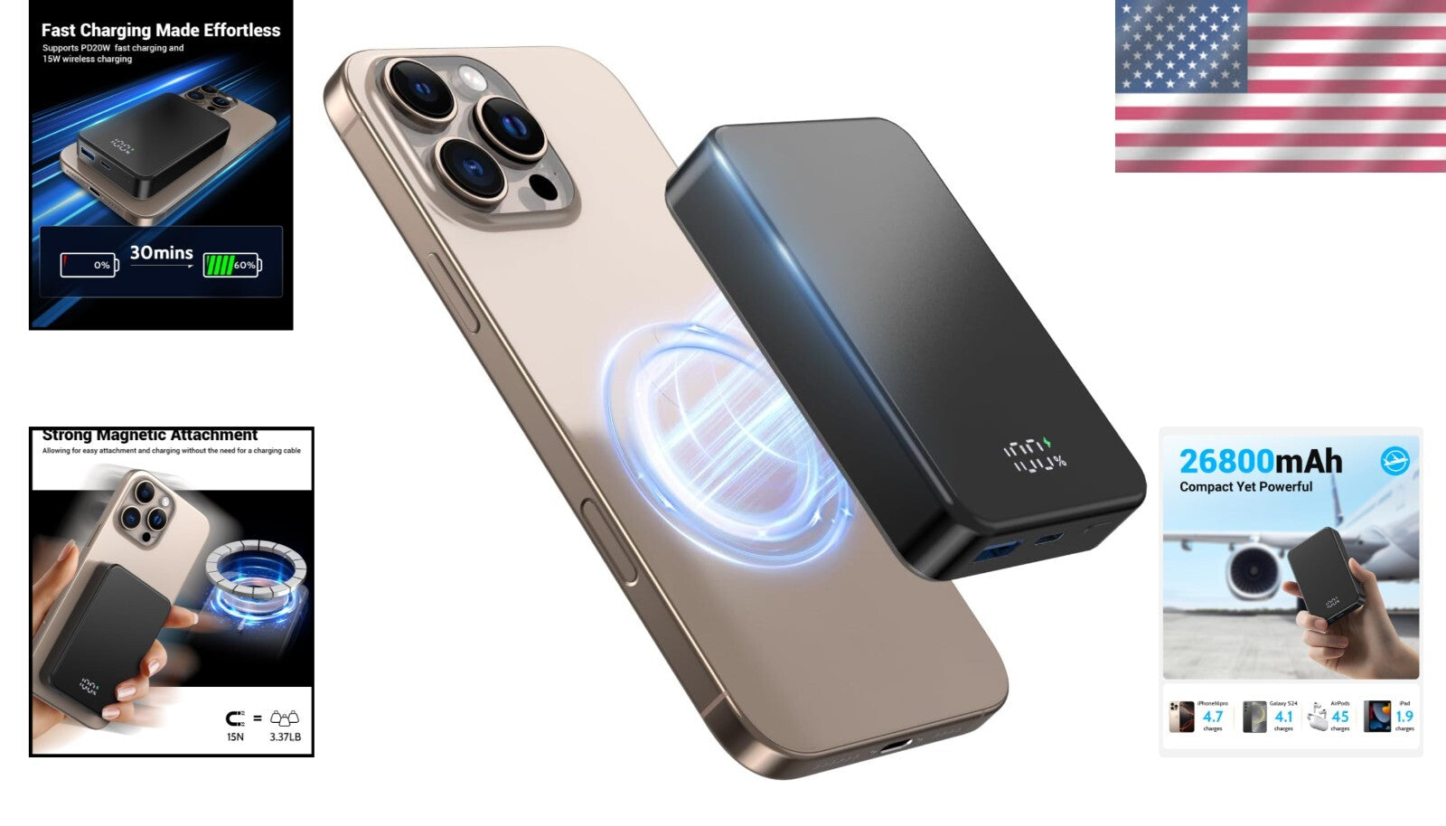 Stylish Aluminum Magnetic Charger: 26800mAh Wireless Bank for iPhone 12/13/14