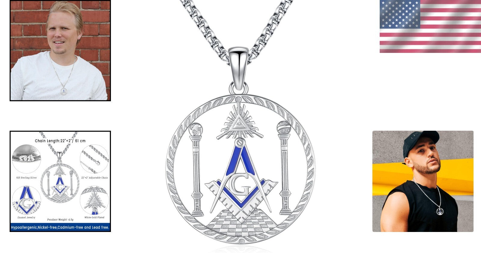 Unisex Freemason Necklace - Sterling Silver Valknut Amulet with Adjustable Chain