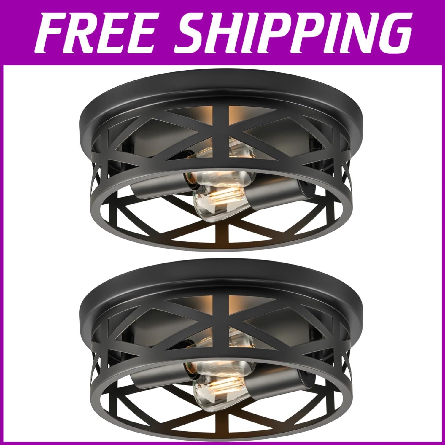 Modern Black Farmhouse Flush Mounts - 11" Adjustable Ceiling Lights Set of 2