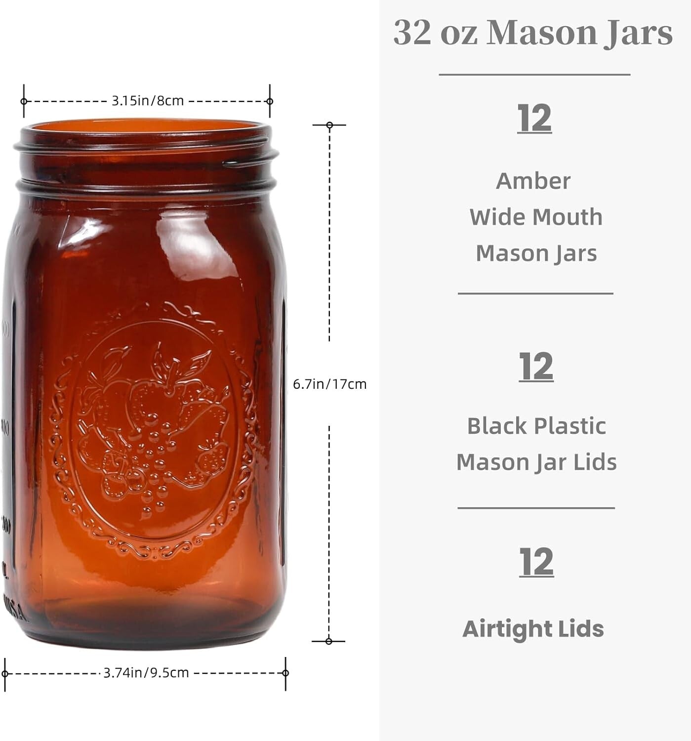 Elegant 12 Pack 32 oz Amber Mason Jars - Wide Mouth with Leak-Proof Lids