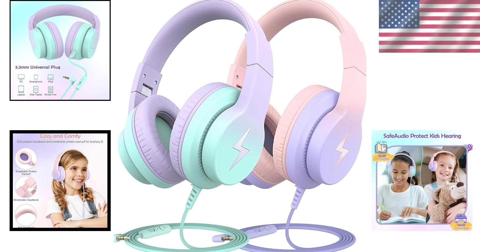 Wired Kids Headphones with Volume Limiter & Adjustable Fit - Foldable Design