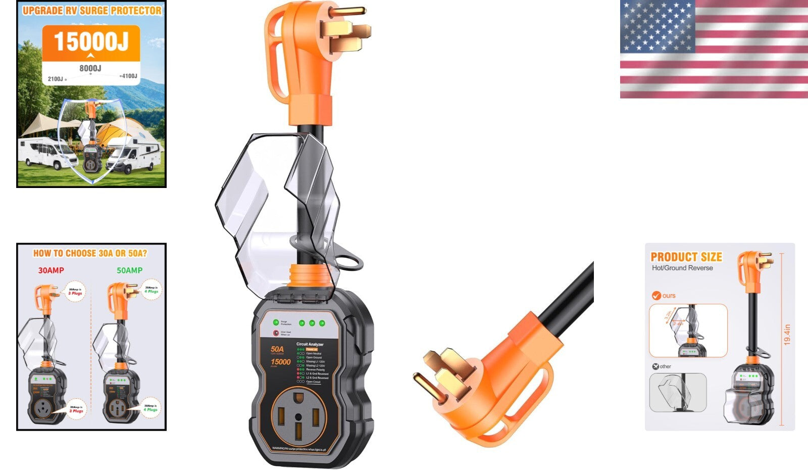 15000 Joules 50 Amp RV Surge Protector with Circuit Analyzer & Waterproof Design