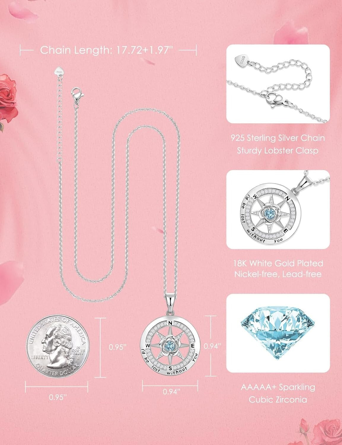 Engraved Rose Flower Compass Necklace for Women - Sterling Silver Gemstone Gift