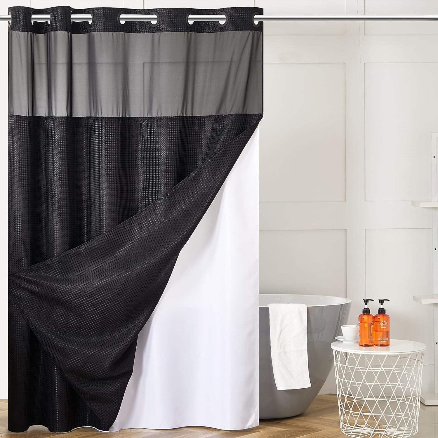 Luxury Black Shower Curtain with Mesh Top & Removable Liner – 96 Inch Length
