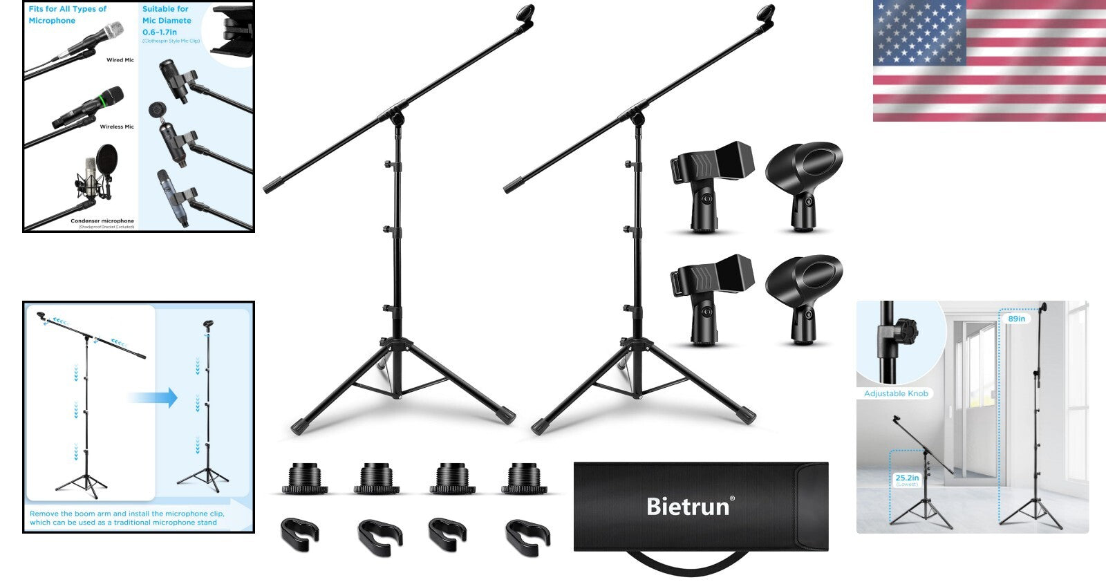 Sturdy Metal Tripod Mic Stand Set with Universal Clips & Carrying Bag - 2 Pack