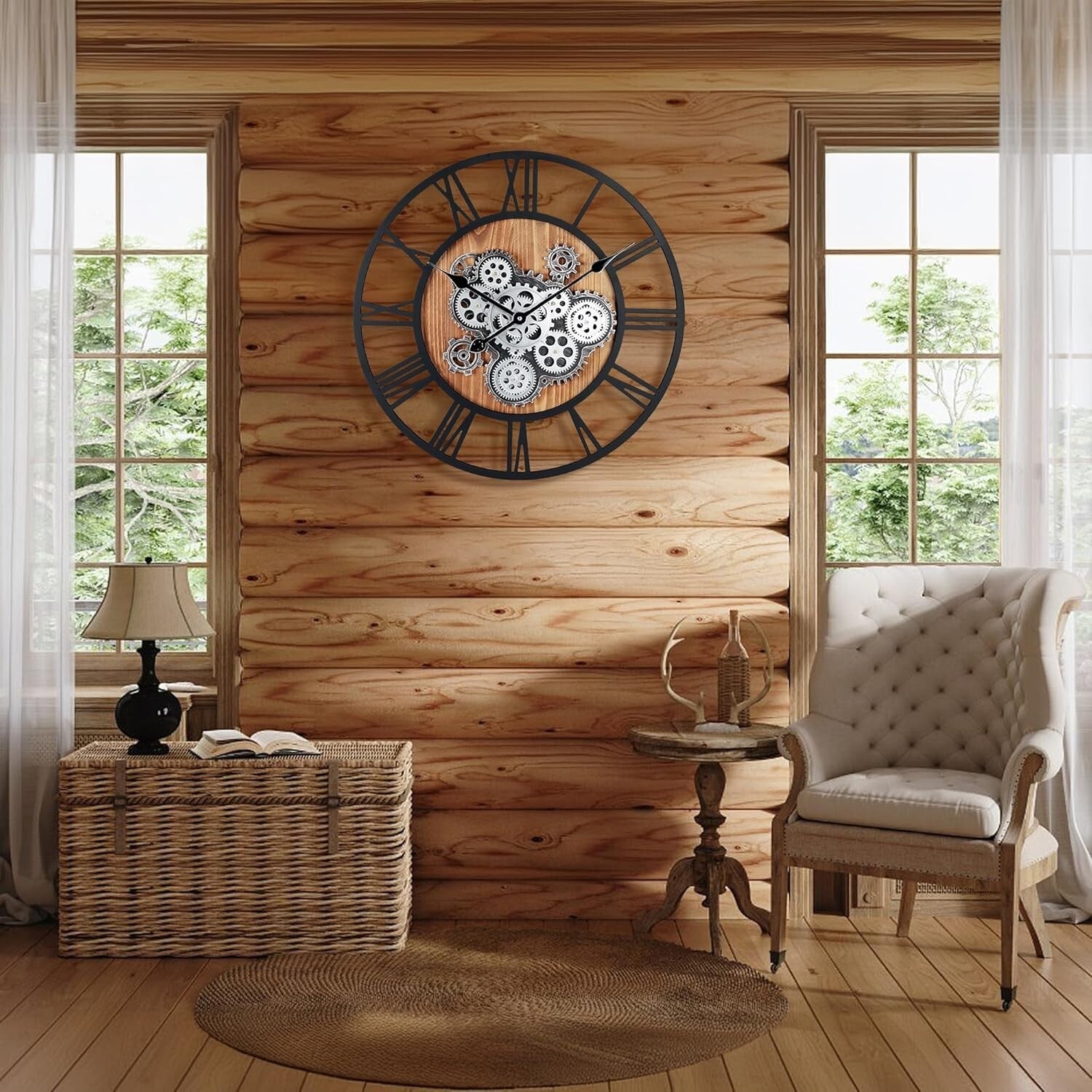 Rustic 23-Inch Wall Clock with Real Gears and Roman Numerals for Kitchen