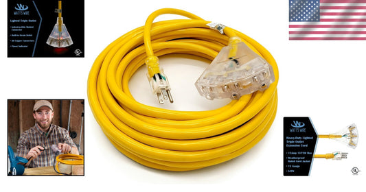 Durable 50ft 12 AWG Heavy Duty Extension Cord - 3 Outlets for Indoor/Outdoor Use