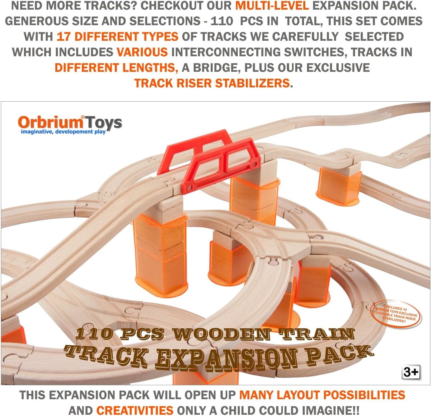 Creative 110-Piece Train Track Expansion Pack with Unique Stackable Stabilizers