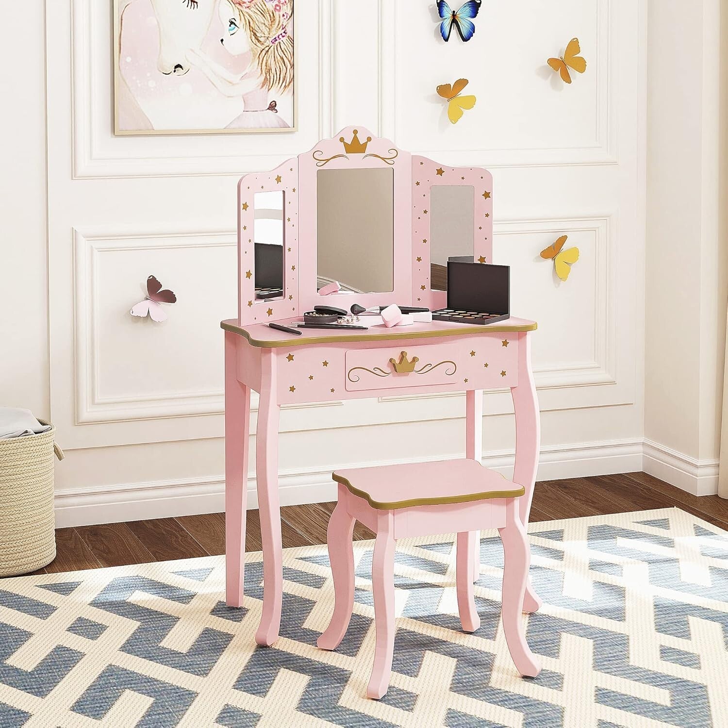 Elegant Kids Vanity Set with Pink Mirror and Stool - Perfect for Little Girls