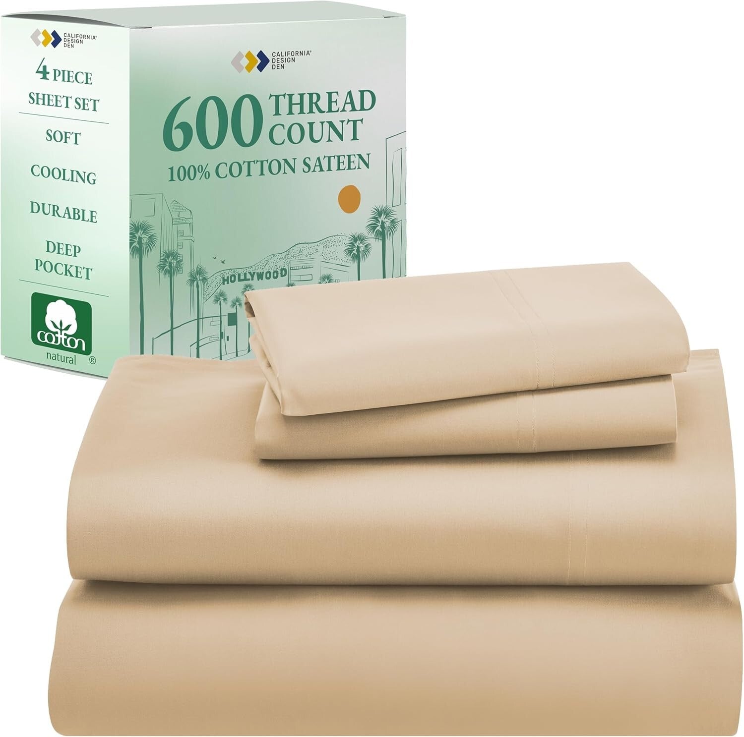 Elegant 4-Piece King Cotton Sheet Set - Soft, No-Shrink & Golden Tan Luxury