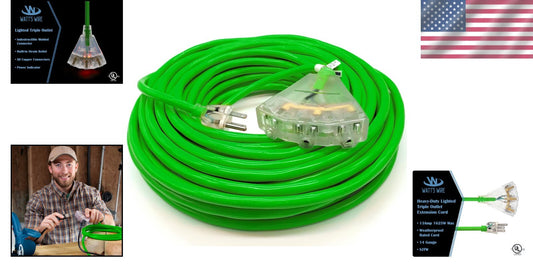 100 Ft 14-Gauge Heavy Duty Extension Cord with 3 Lighted Outlets for Outdoor Use