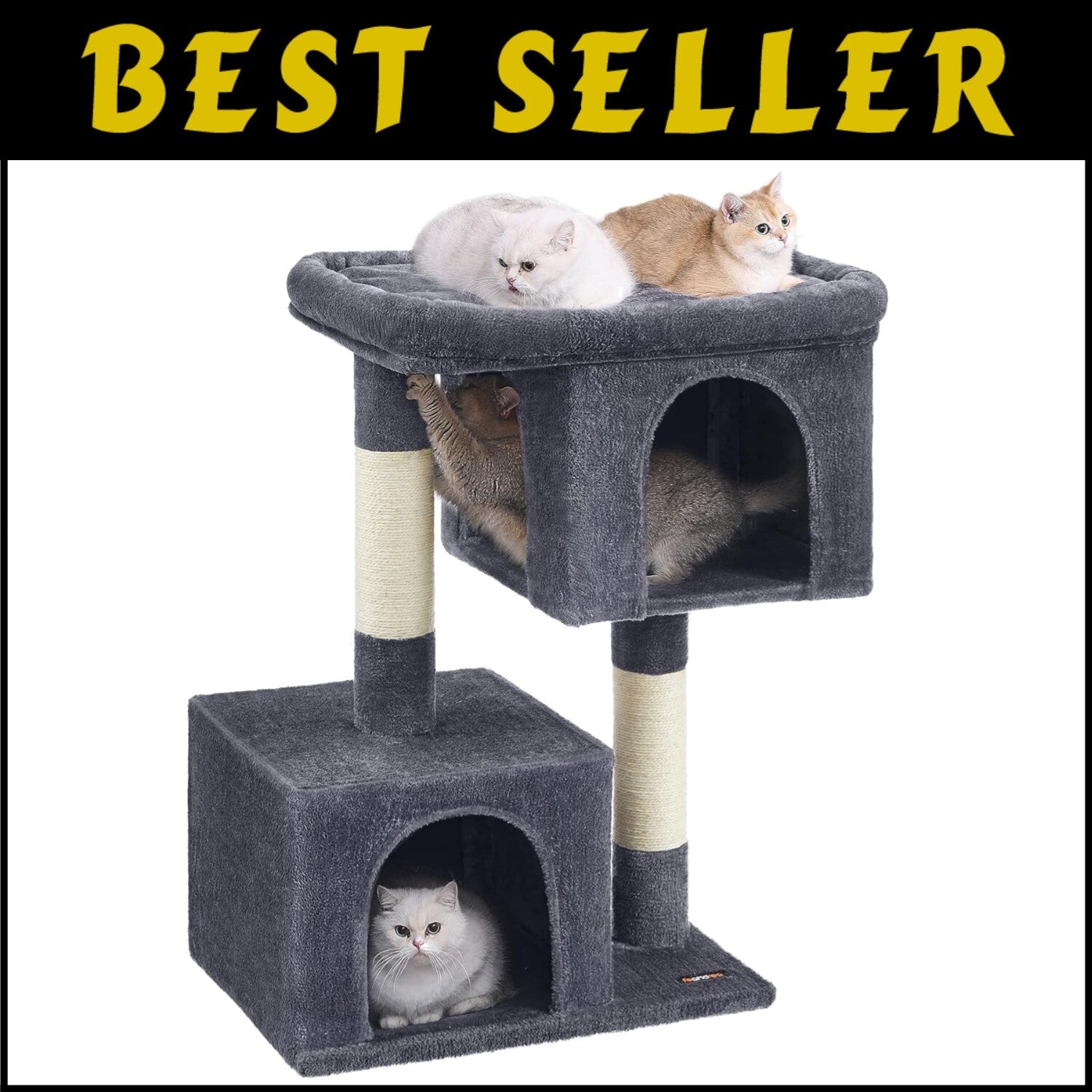 Smoky Gray 39.8" Cat Tower with Large Perch and Two Cat Caves - Stable & Durable