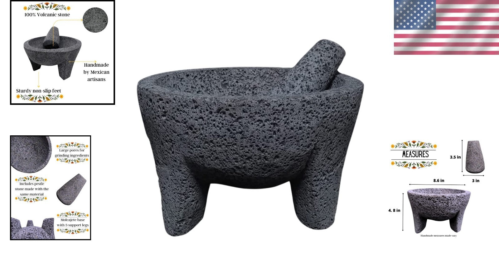 Culinary Craftsmanship - 8.6-Inch Molcajete Mortar and Pestle in Lava Stone