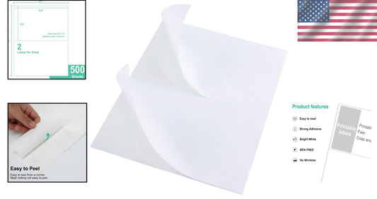 500 Sheets of Smeared-Resistant Half Sheet Adhesive Labels - 2 Labels Per Sheet