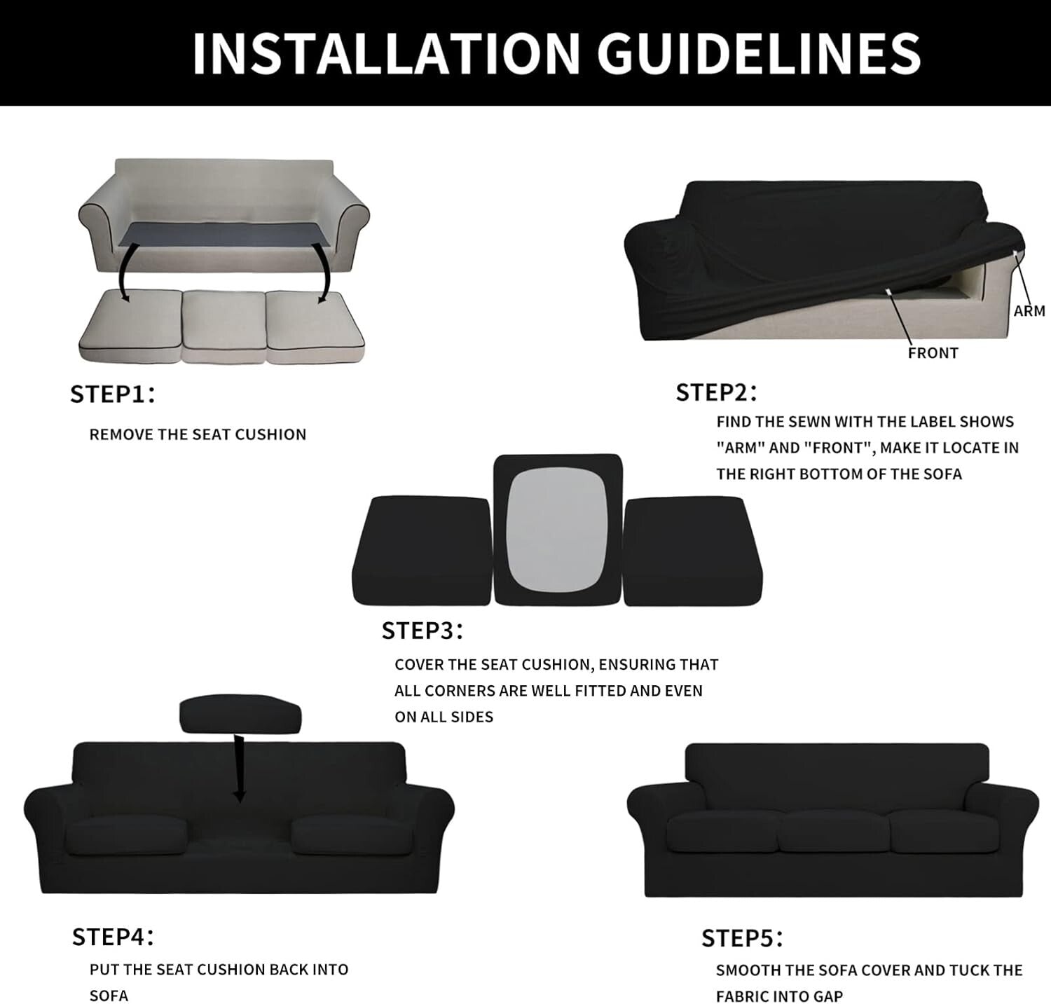 4-Piece Stretch Couch Cover for Dogs - Machine Washable Black Sofa Protector