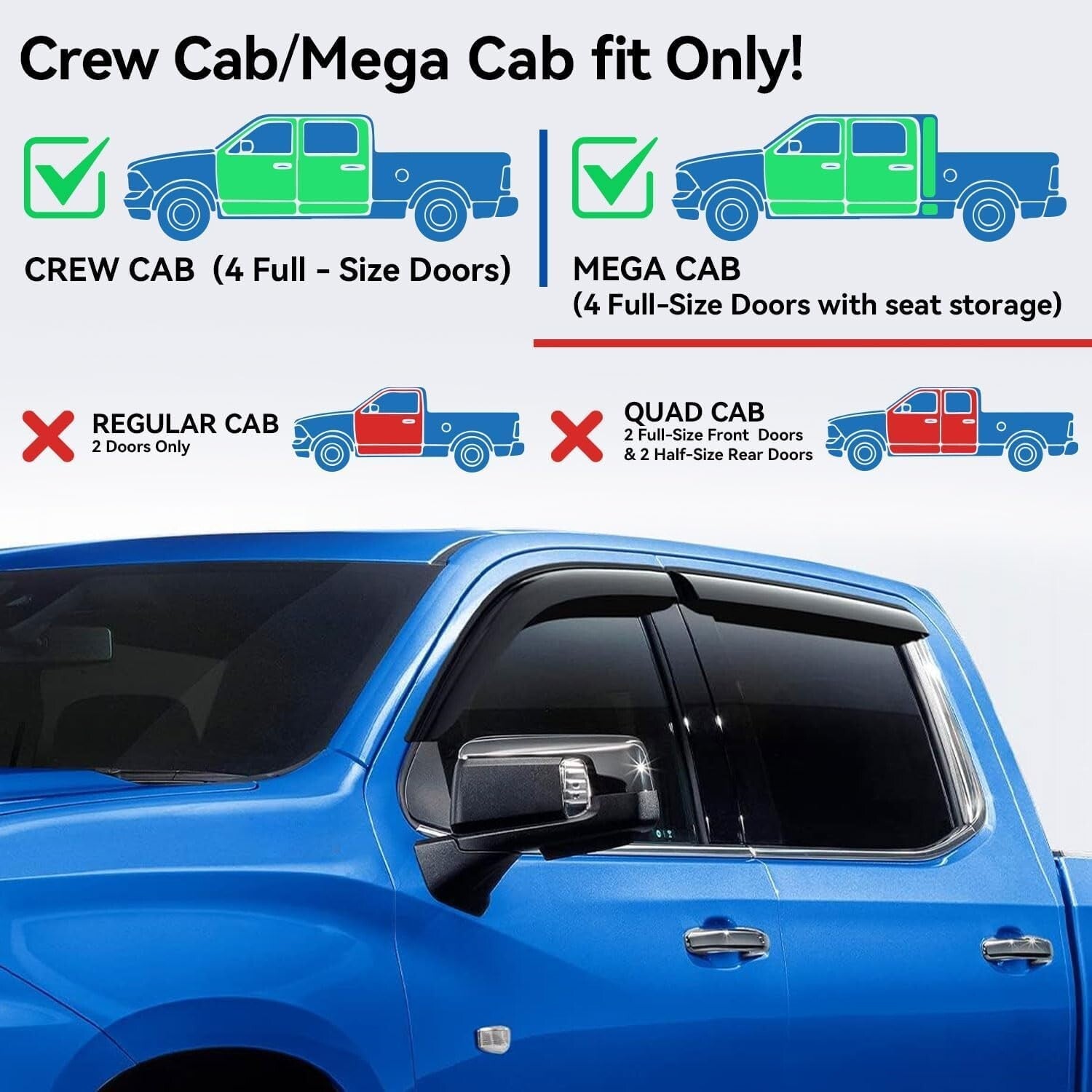 Easy Stick-On Window Rain Guards for 2009-2018 Dodge Ram 1500 Crew Cab