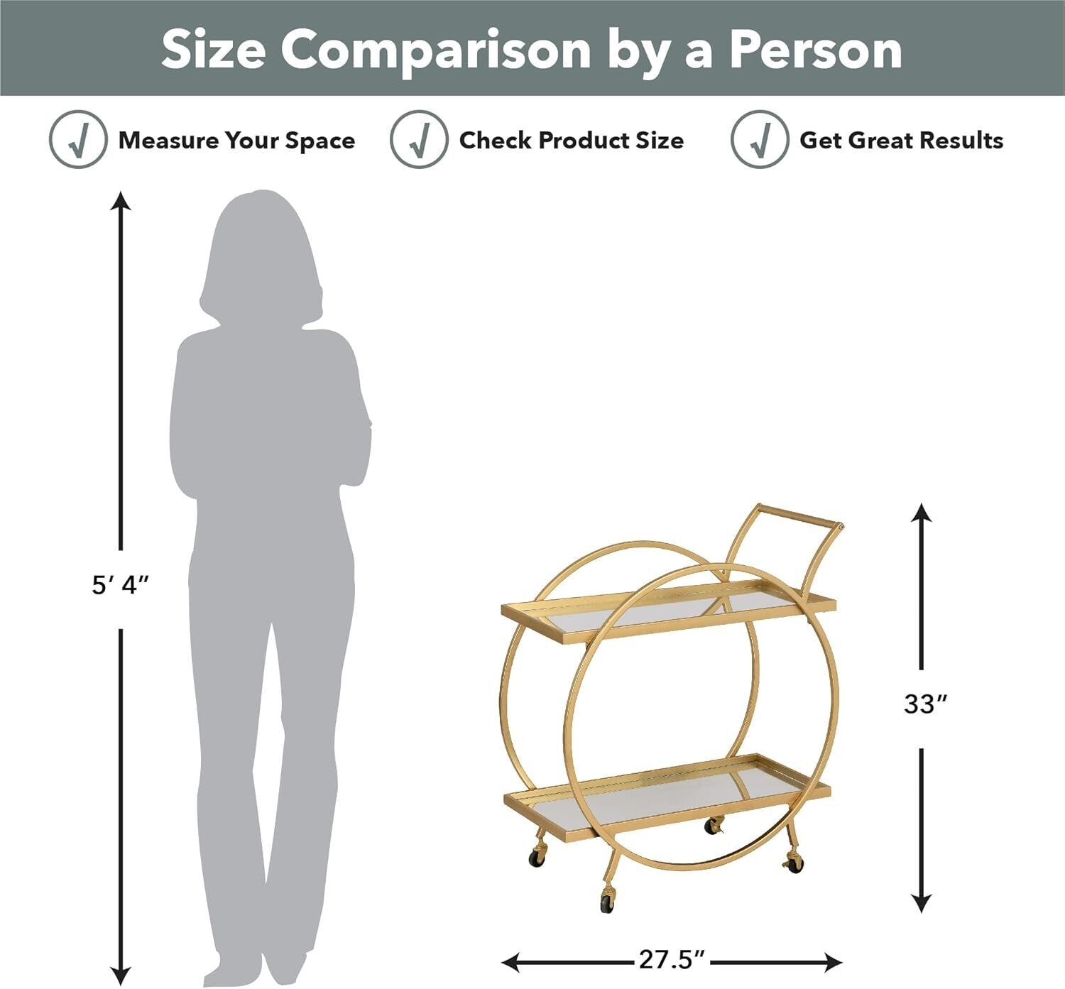 Sophisticated Gold Metal Bar Cart with Mirrors and Locking Wheels - 28 inches