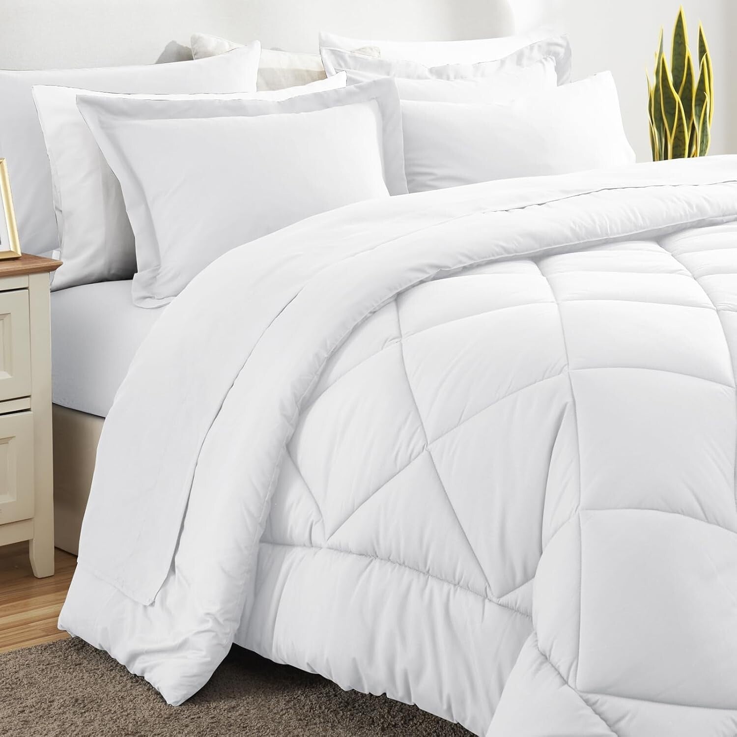 7-Piece King Size Comforter Set - Soft White Luxury Bedding for All Seasons
