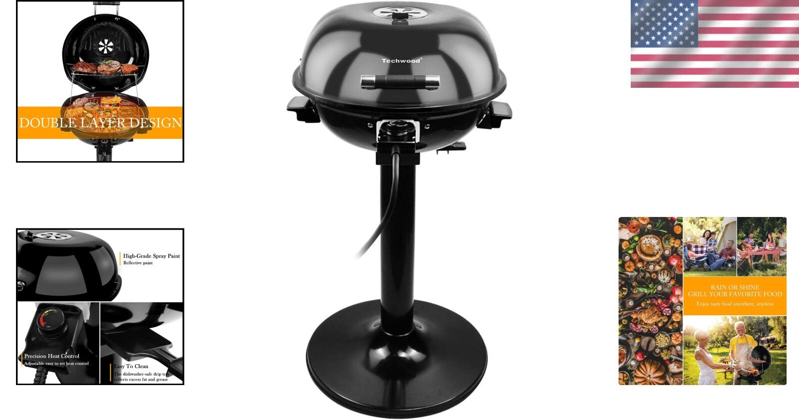 Compact Electric BBQ Grill - 240 sq. inch Non-Stick Cooking Surface, 1600W Power