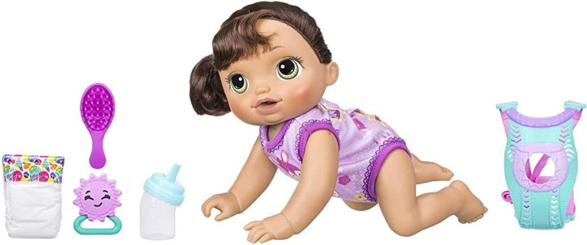 Baby Go Bye Bye Brunette - Fun Talking and Crawling Doll with Accessories