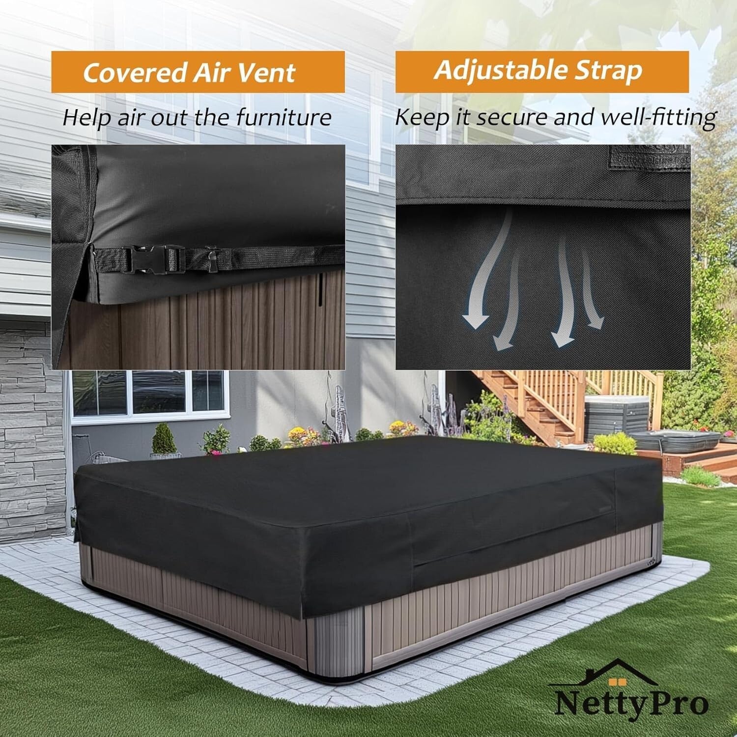 Adjustable Black Hot Tub Cover - Fade Resistant & Waterproof, Rectangular 86x67