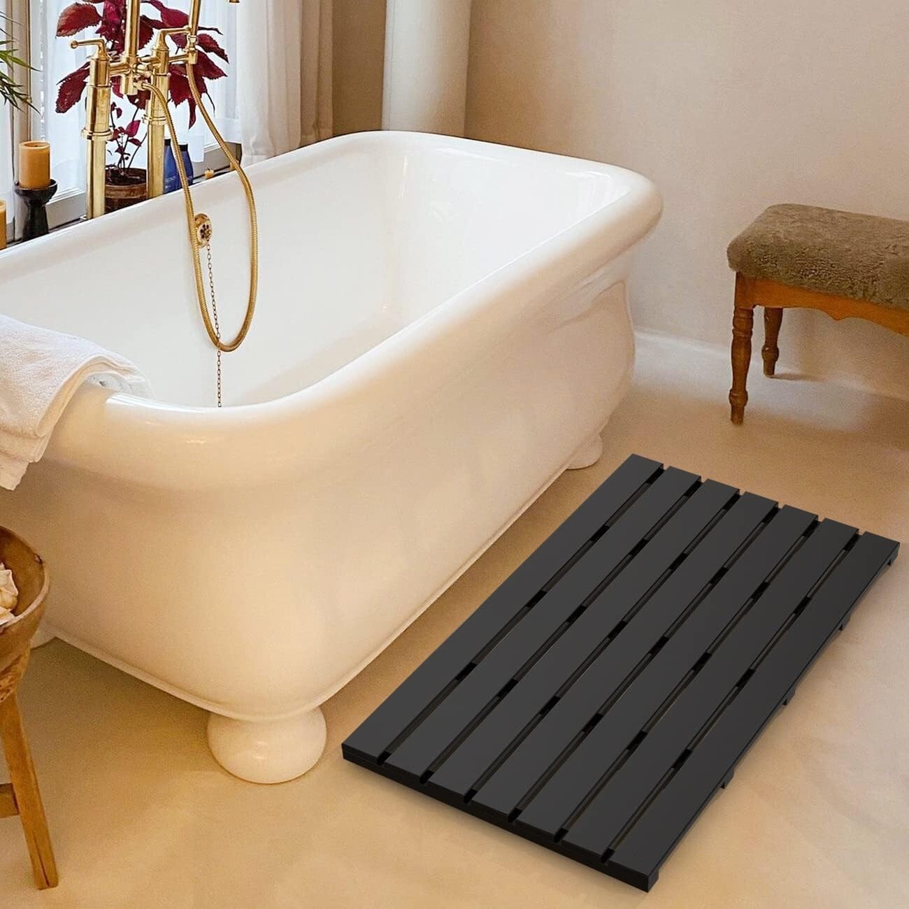 Elegant Black Bamboo Bath Floor Mat - Non-Slip and Waterproof, 31.3"L x 18.1"W