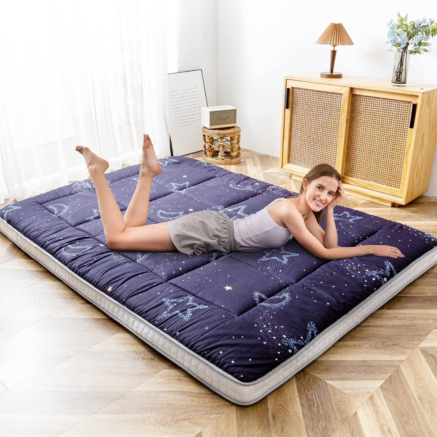 Quilted Twin Floor Mattress in Moon and Star Design - Ideal for Guests & Camping