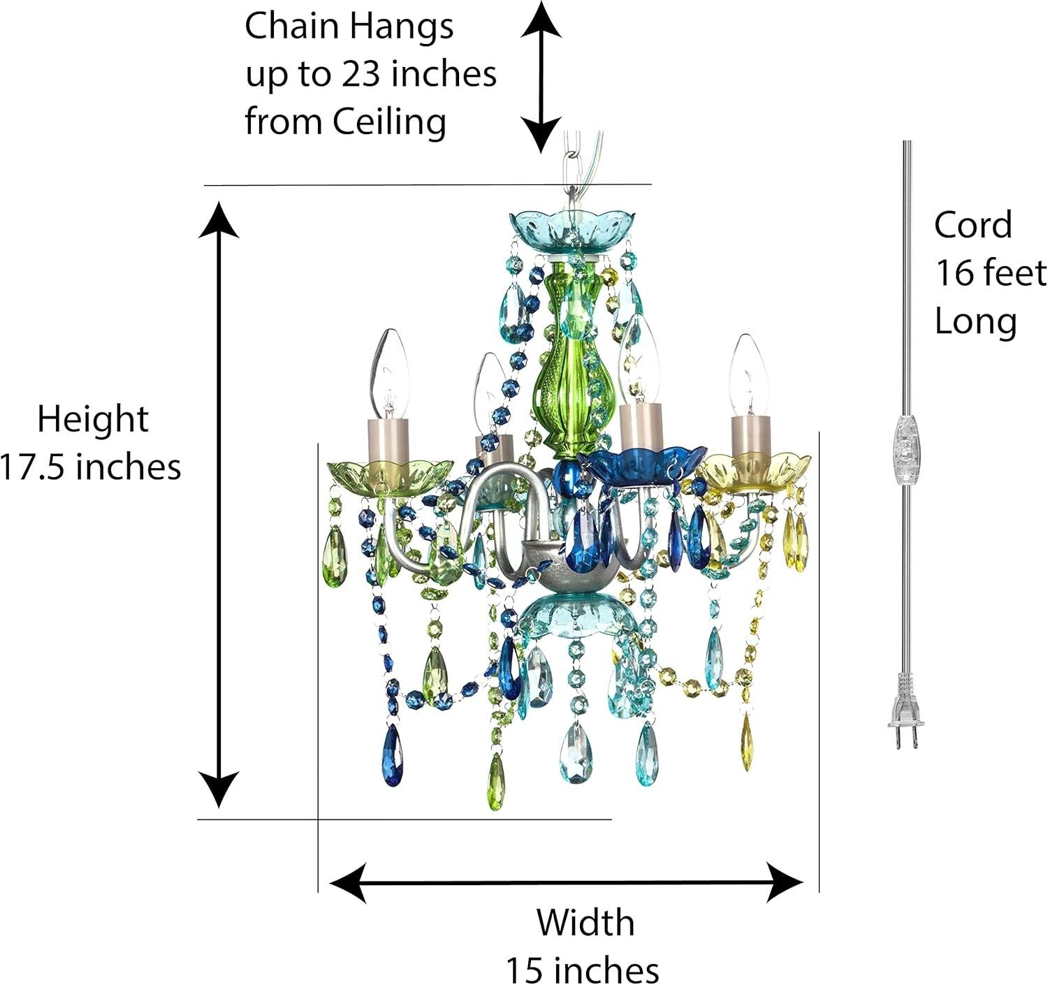 4-Light Plug-in Blue Green Acrylic Crystal Hanging Chandelier - Wedding Elegance