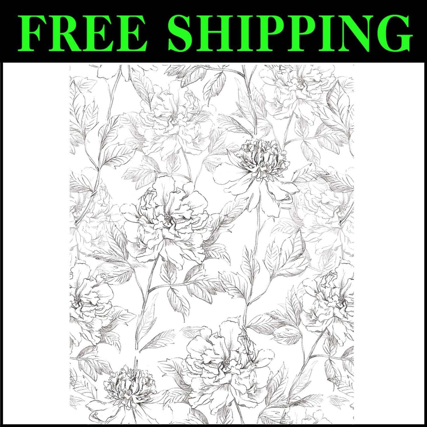 Removable Black and White Floral Wallpaper - Easy Install Peonies Design 43 SQFT