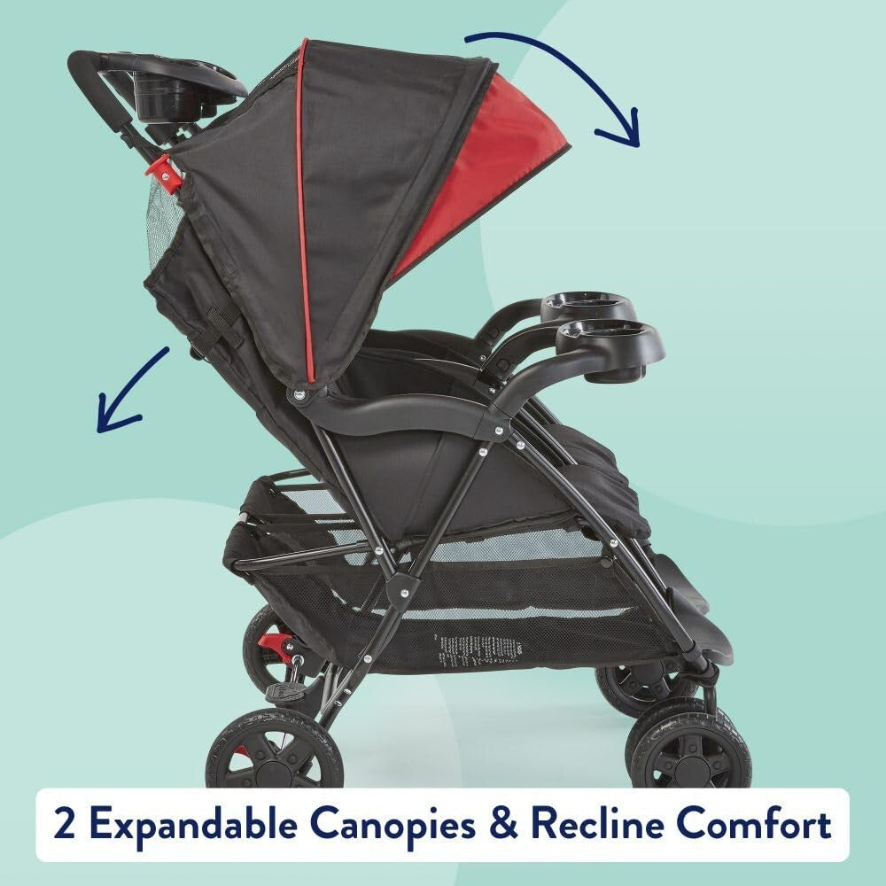 Cloud Plus Red/Black Double Stroller - Reclining, Spacious, and Stylish Design