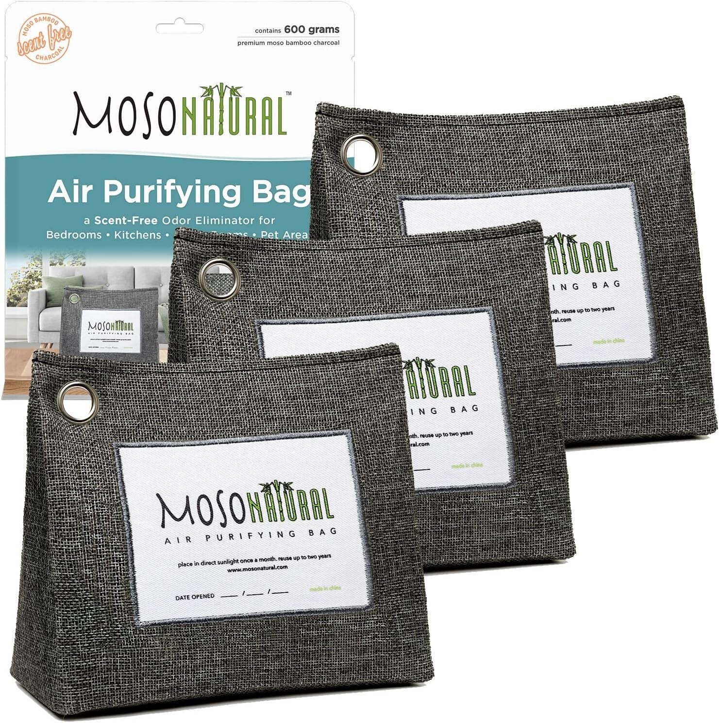 Bamboo Charcoal Stand-Up Air Purifying Bags - Effective Room Deodorizer 3 Pack