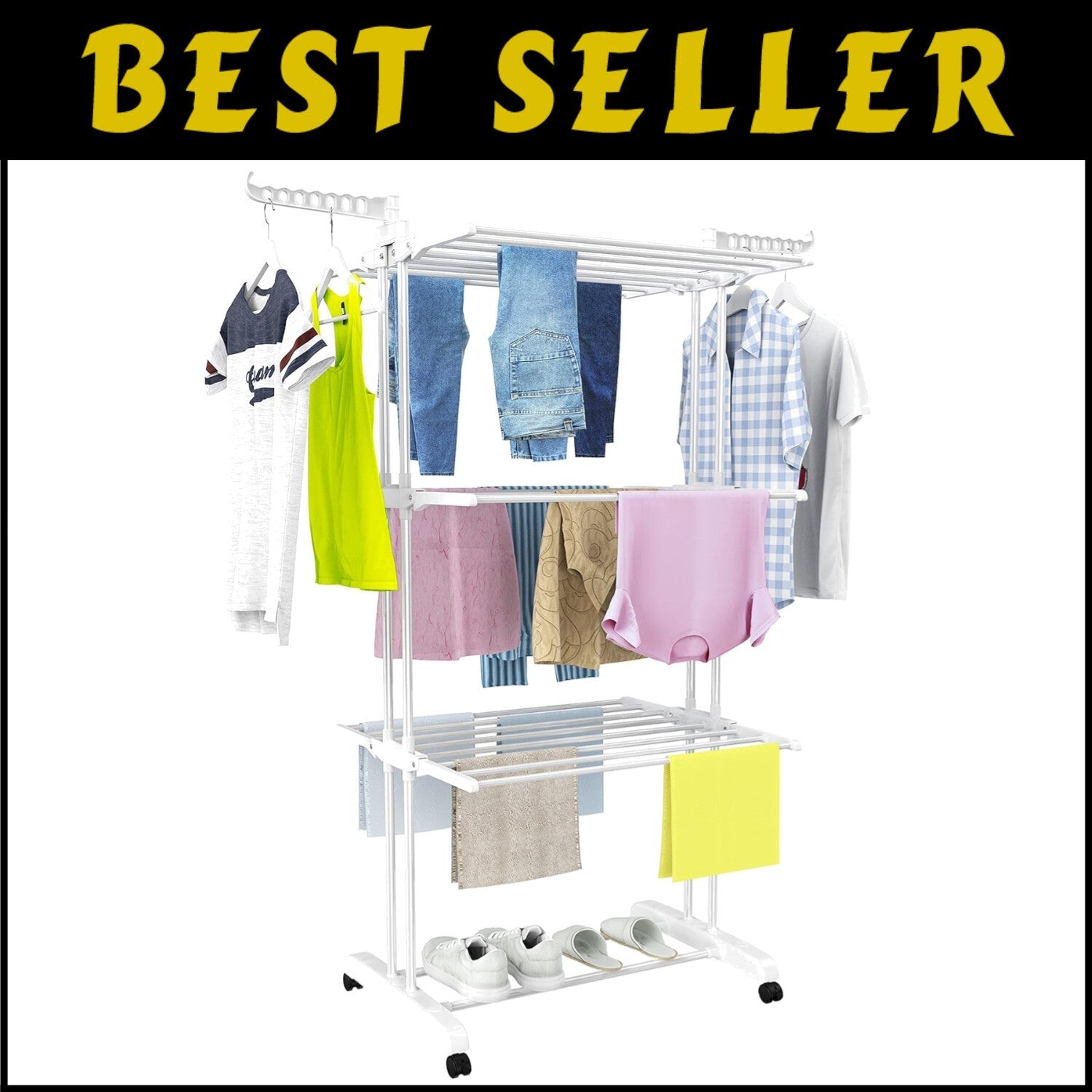 4-Tier Clothes Drying Rack with Castors - Stable, Rust-Resistant, and Durable