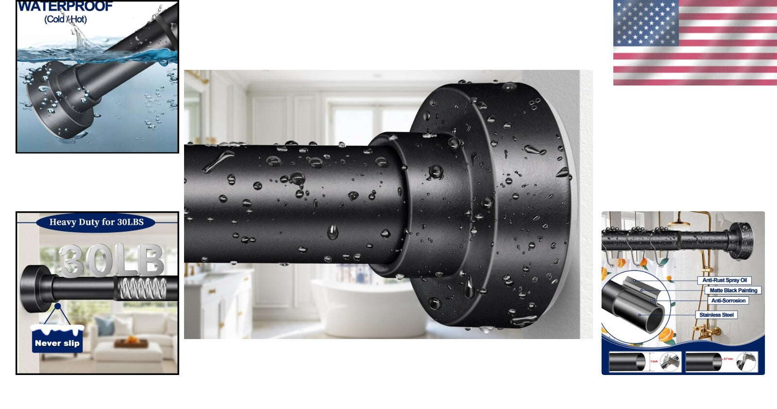 Matte Black No-Drill Shower Curtain Rod 34-96 Inches - Rust-Proof & Easy Install