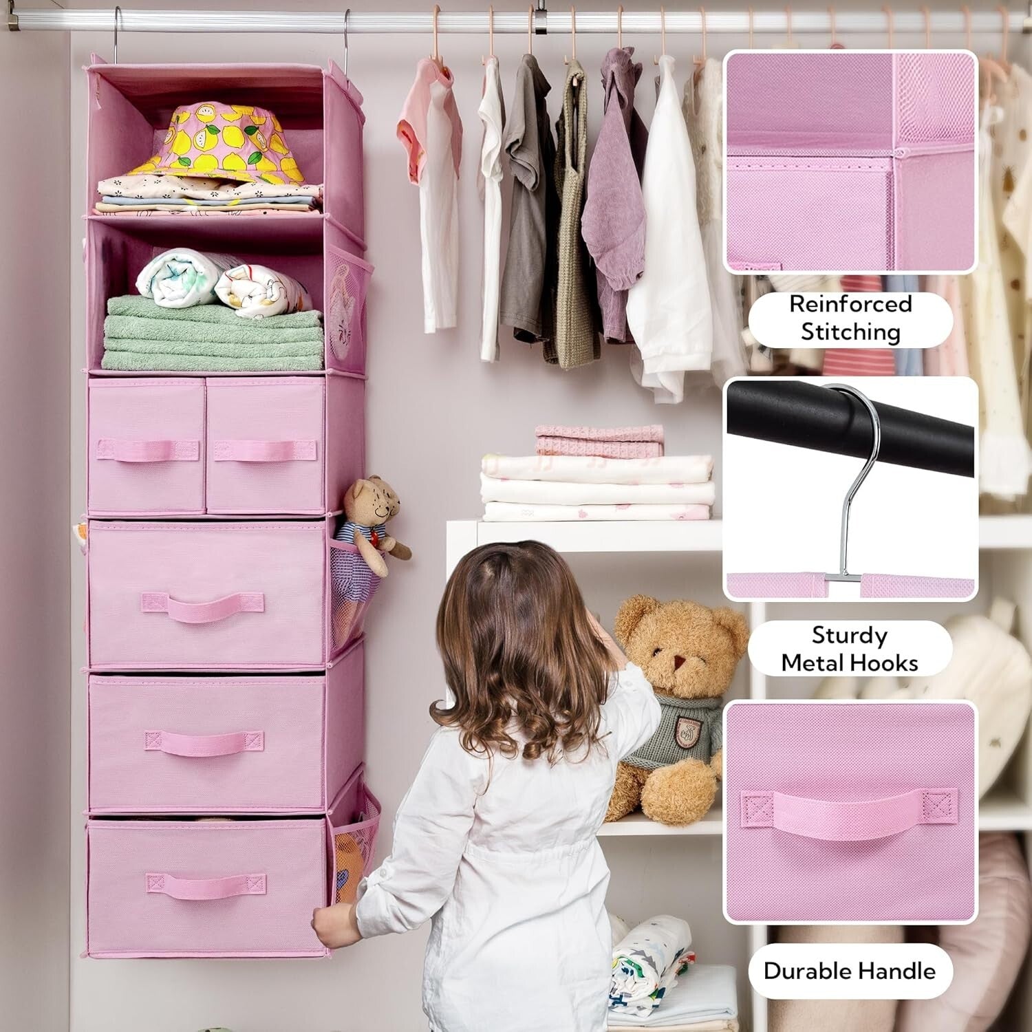 Portable 6-Shelf Hanging Closet Organizer with Pockets – Ideal for Baby Rooms