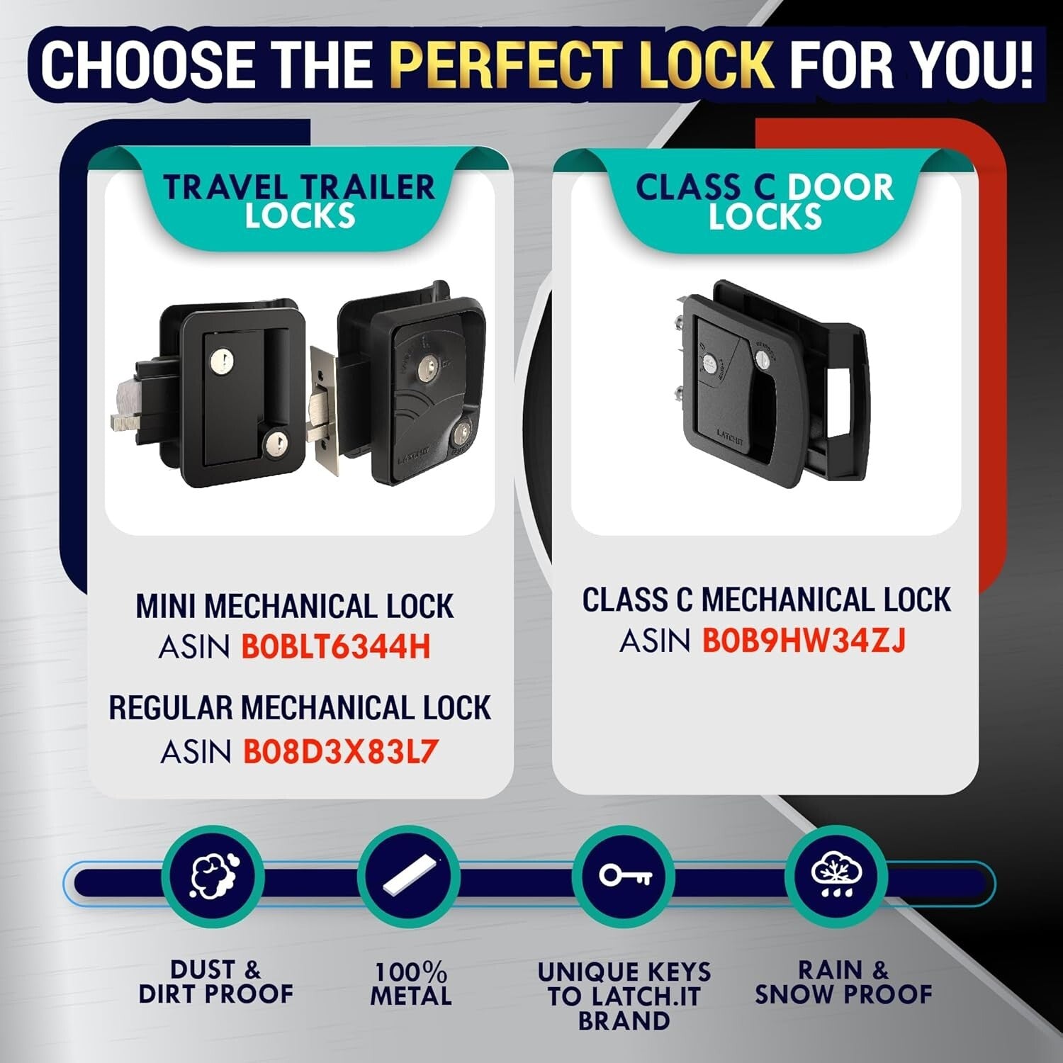 Lightweight All-Metal RV Door Lock with 2 Keys - Fits Standard Class C Openings