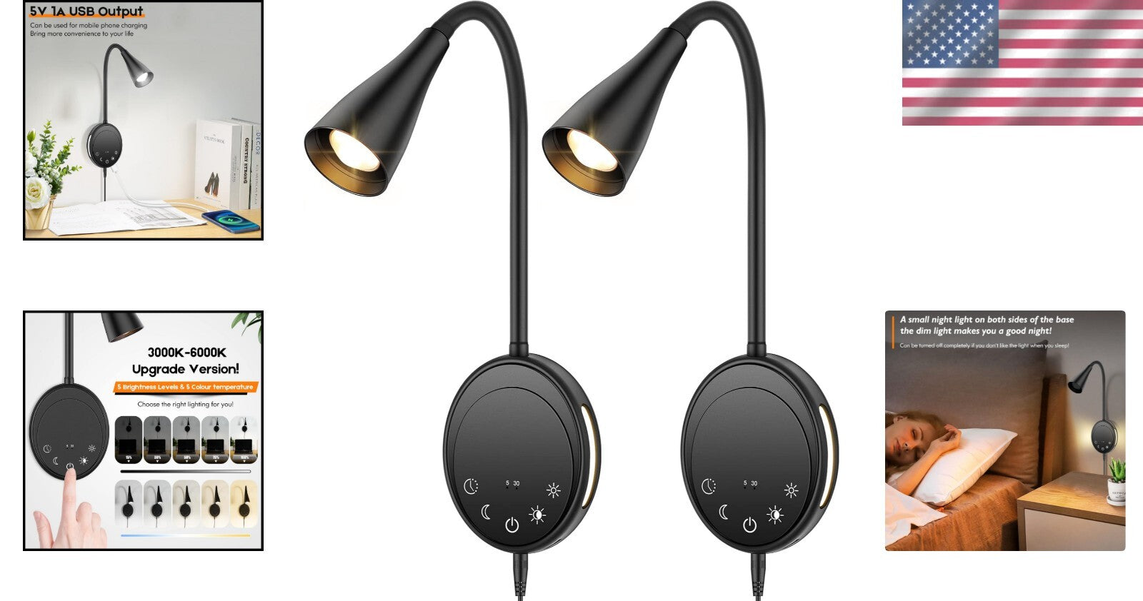 5-Level Dimmable LED Wall Sconce with Flexible Gooseneck & Night Light Feature