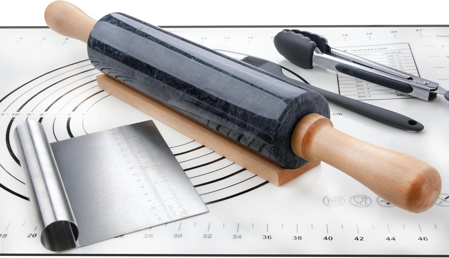 Elegant 18.5-Inch Marble Rolling Pin Set with Silicone Pastry Mat & Accessories