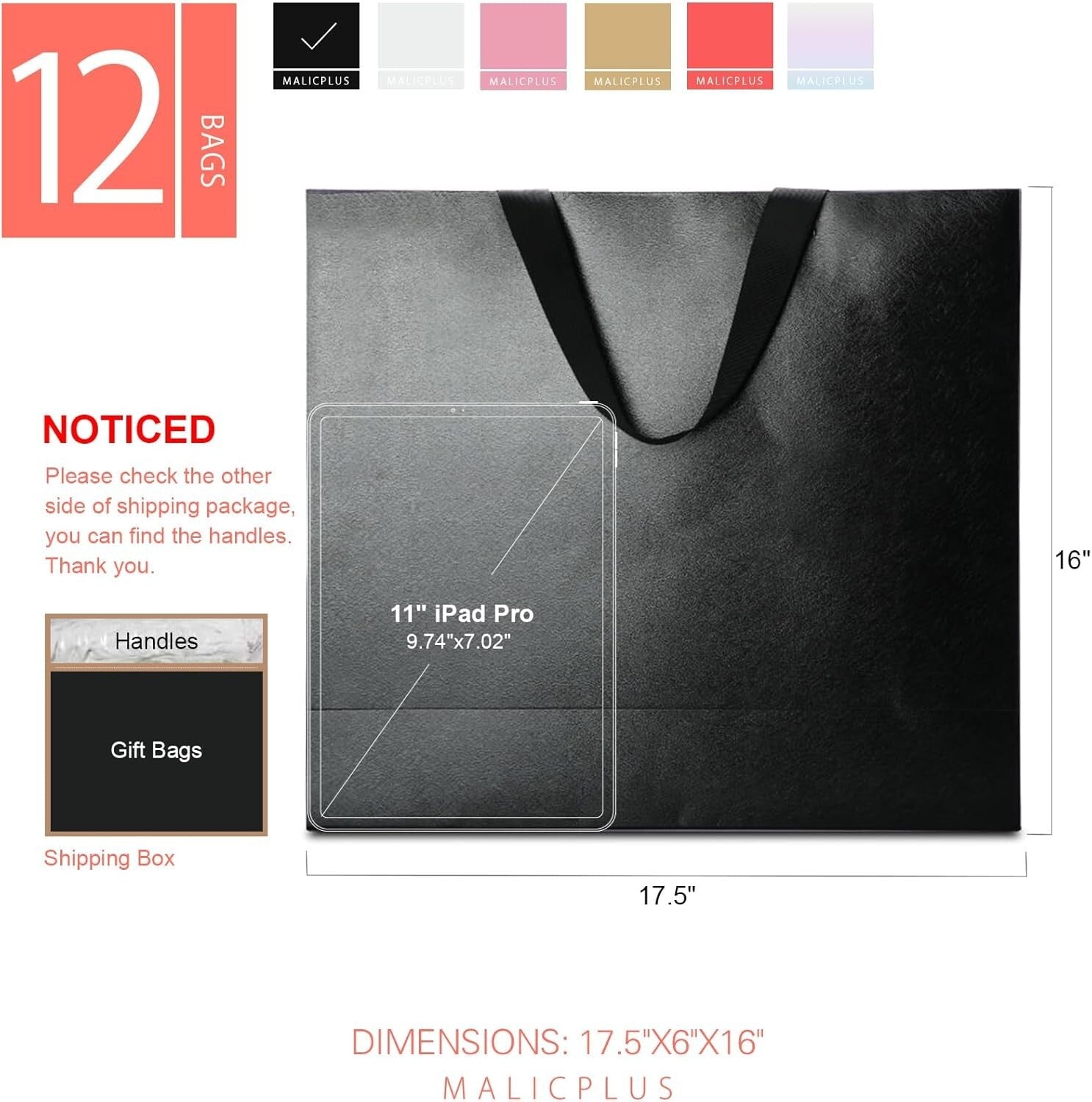 Elegant 12 Set of Embossed Black Gift Bags - Large 17.5x6x16 for Special Events