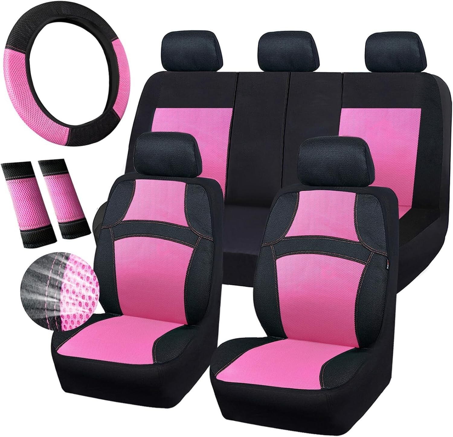 Cute Universal 13PCS Breathable Seat Covers for SUVs & Trucks – Hot Pink Accents