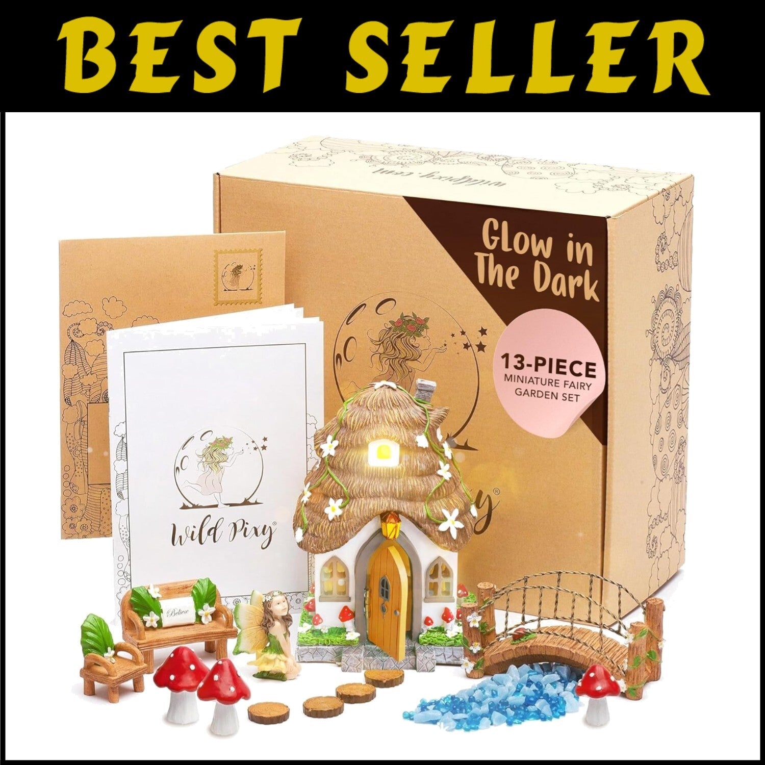 Enchanting 7.1" Solar Fairy House with Glow in the Dark Accessories - 13 Pieces