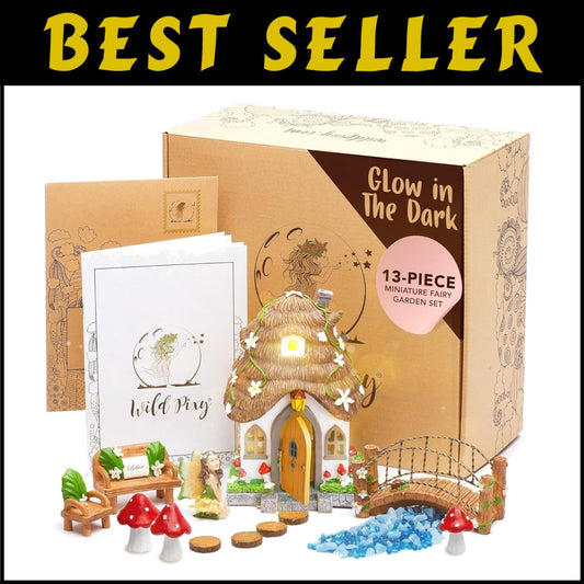 Enchanting 7.1" Solar Fairy House with Glow in the Dark Accessories - 13 Pieces