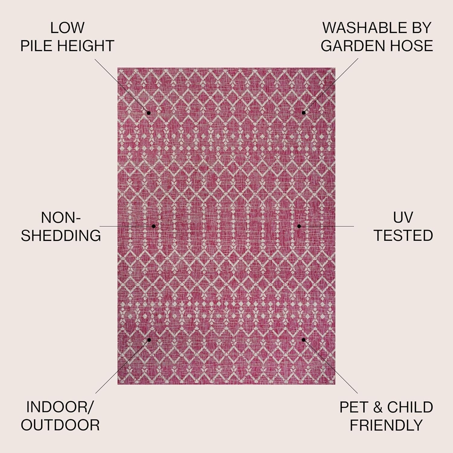 Stylish Fuchsia/Gray Outdoor Rug – 4x6 Low Pile, Stain Resistant & Pet Friendly